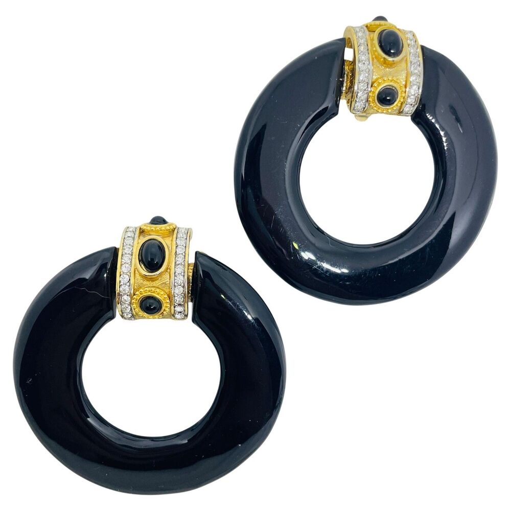 Vintage gold tone rhinestones black resin door knocker 80's clip on earrings